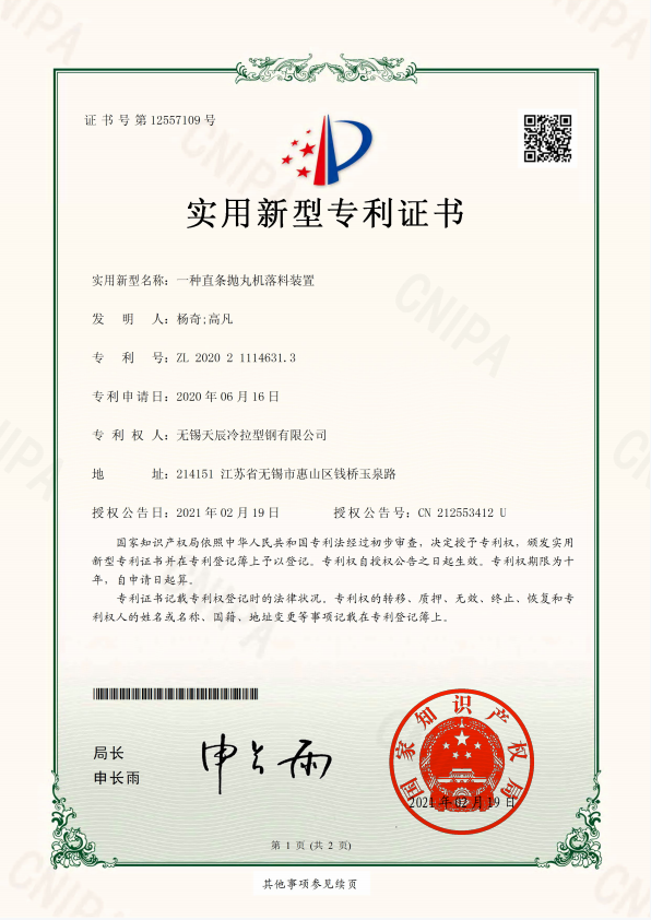 一种直条抛丸机落料装置-实用新型专利证书